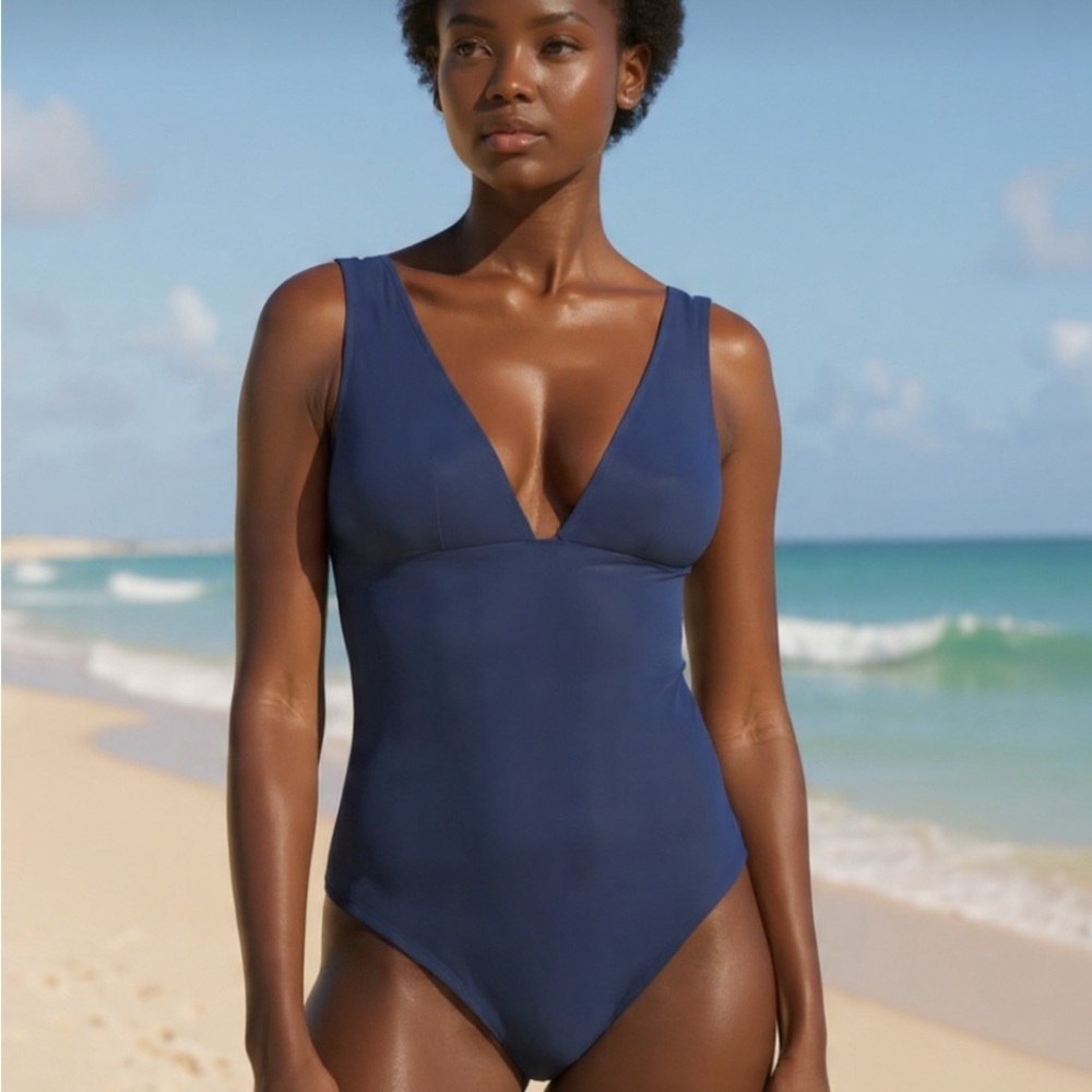 & OTHER STORIES Structured V-Cut Swimsuit Textured Navy- Size 12